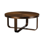 The Beatrice Cocktail Table by Hickory Chair is a round wooden table featuring a sunburst-patterned top, curved intersecting legs, and an elegant dark walnut finish.