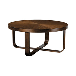 The Beatrice Cocktail Table by Hickory Chair is a round wooden table featuring a sunburst-patterned top, curved intersecting legs, and an elegant dark walnut finish.