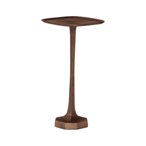 The Made Goods Brenna Drinks Table features a small bronze finish, a square tray top, and a narrow flared base, making it a stylish accent piece.