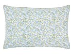 The Ekisha Decorative Kidney Pillow by John Robshaw features a light blue and green floral print on a white background and is displayed against a plain white surface.