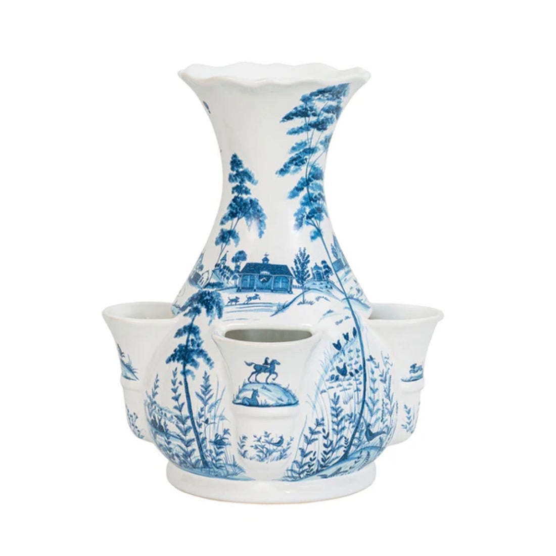 The Juliska JUL Country Estate Tulipiere Vase in Delft Blue, 11.5", features pastoral scenes and horses with multiple openings for flower arranging.
