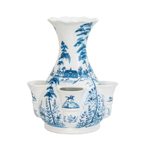 The Juliska JUL Country Estate Tulipiere Vase in Delft Blue, 11.5", features pastoral scenes and horses with multiple openings for flower arranging.