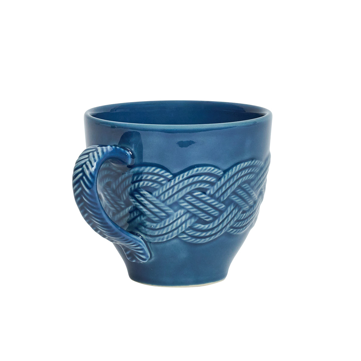 Le Panier Mystic Knot Denim mug by Juliska, featuring a textured braided pattern encircling the body and handle, photographed on a plain white background.