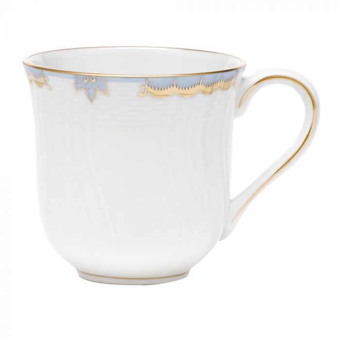 The Herend Princess Victoria Light Blue Collection mug features white porcelain with a gold-rimmed edge and handle, accented by light blue and gold patterns near the top, inspired by hand-painted designs.