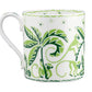 The Cobblers Cove Calypso Dinnerware Collection by Royal Crown Derby features a white ceramic mug adorned with playful green monkeys, palm trees, and foliage for a vibrant Caribbean touch.