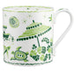 Part of the Cobblers Cove Calypso Dinnerware Collection by Royal Crown Derby, this white ceramic mug features a vibrant green design with a beach umbrella, turtle, fish, sun, and plants to evoke a Caribbean atmosphere.