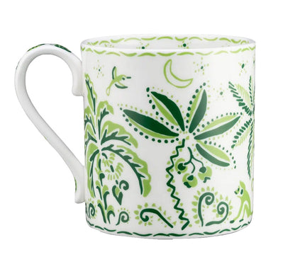 The Cobblers Cove Calypso Dinnerware Collection by Royal Crown Derby features a white ceramic mug adorned with green botanical and jungle motifs, bringing a lively Caribbean feel to your vibrant green dinnerware ensemble.