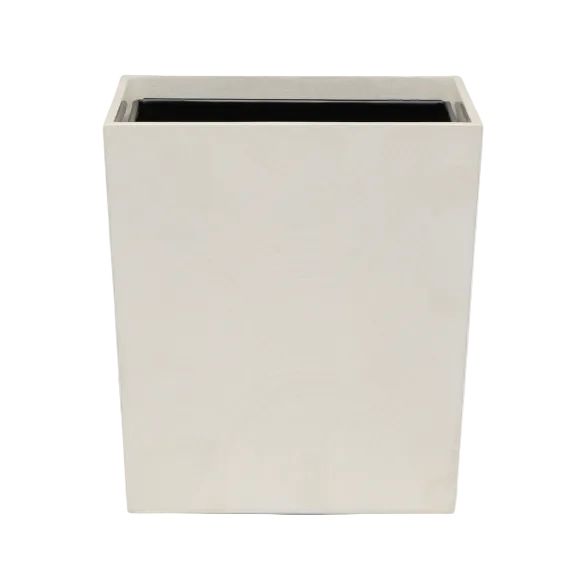 Rectangular off-white spiraled burl resin wastebasket from the Pigeon & Poodle Navagio Bath Collection with a black interior.