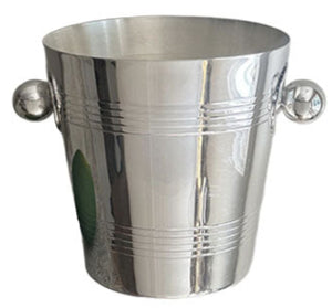 The Hôtel Silver Vintage Ice Bucket with Ball Handles features classic clean lines, rounded ball handles on each side, and horizontal engravings reminiscent of timeless hotel silver serve ware.