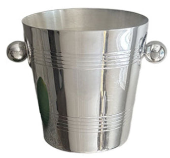 The Hôtel Silver Vintage Ice Bucket with Ball Handles features classic clean lines, rounded ball handles on each side, and horizontal engravings reminiscent of timeless hotel silver serve ware.