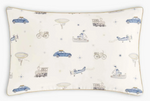 Introduce your child to the Transit Treasures Bedding Collection by Gooselings—a rectangular white pillowcase adorned with blue and beige illustrations of cars, airplanes, trains, boats, bicycles, hot air balloons, and delicate stars in a charming repeating pattern. Made from breathable, pure materials and OEKO-TEX certified for both safety and comfort.