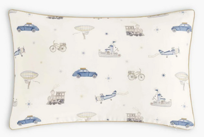 Introduce your child to the Transit Treasures Bedding Collection by Gooselings—a rectangular white pillowcase adorned with blue and beige illustrations of cars, airplanes, trains, boats, bicycles, hot air balloons, and delicate stars in a charming repeating pattern. Made from breathable, pure materials and OEKO-TEX certified for both safety and comfort.