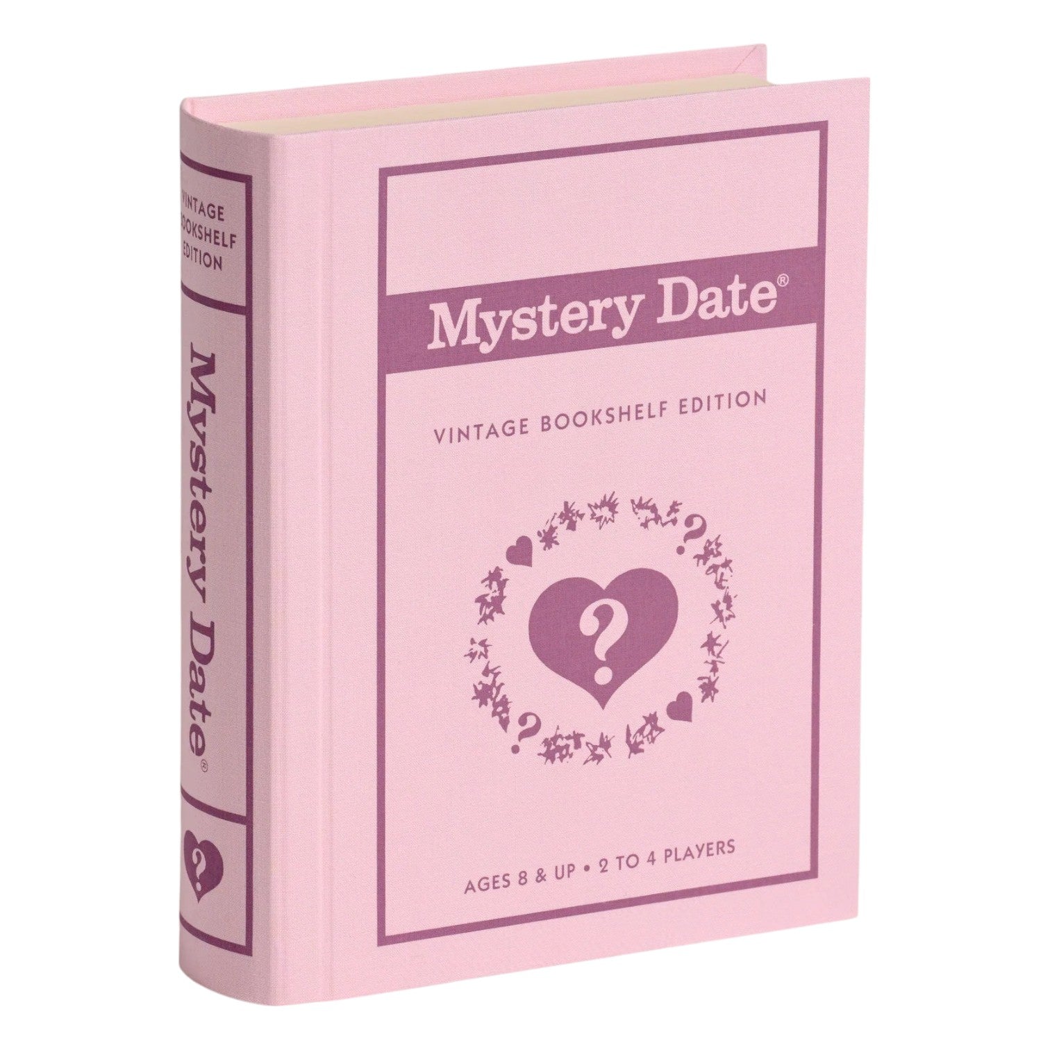 A pink, fabric-wrapped book-shaped box from the Vintage Bookshelf Board Games by WS Game Company, for 2–4 players ages 8+, features heart and question mark graphics; part of the Vintage Bookshelf Collection.