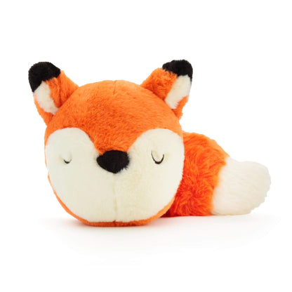 The Foggy Dog’s Fox 2-in-1 Bounce Dog Toy features a soft, orange plush fox with a white face and tail, black ear tips, and closed embroidered eyes, shown lying on its side against a white background—designed as a charming dog toy for gentle play.