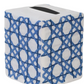 Introducing the Cane Bath Collection by Haute Home: a cube-shaped tissue box cover meticulously crafted from fine Italian linen, featuring a blue geometric lattice pattern on a white background and an opening on top—ideal for pairing with your favorite tip towel.