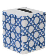 Introducing the Cane Bath Collection by Haute Home: a cube-shaped tissue box cover meticulously crafted from fine Italian linen, featuring a blue geometric lattice pattern on a white background and an opening on top—ideal for pairing with your favorite tip towel.