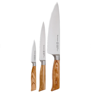 Arranged by size from smallest to largest, the trio of kitchen knives in the Messermeister Oliva Elite Knife Starter Set are crafted with wooden handles and exemplify the renowned Solingen craftsmanship.