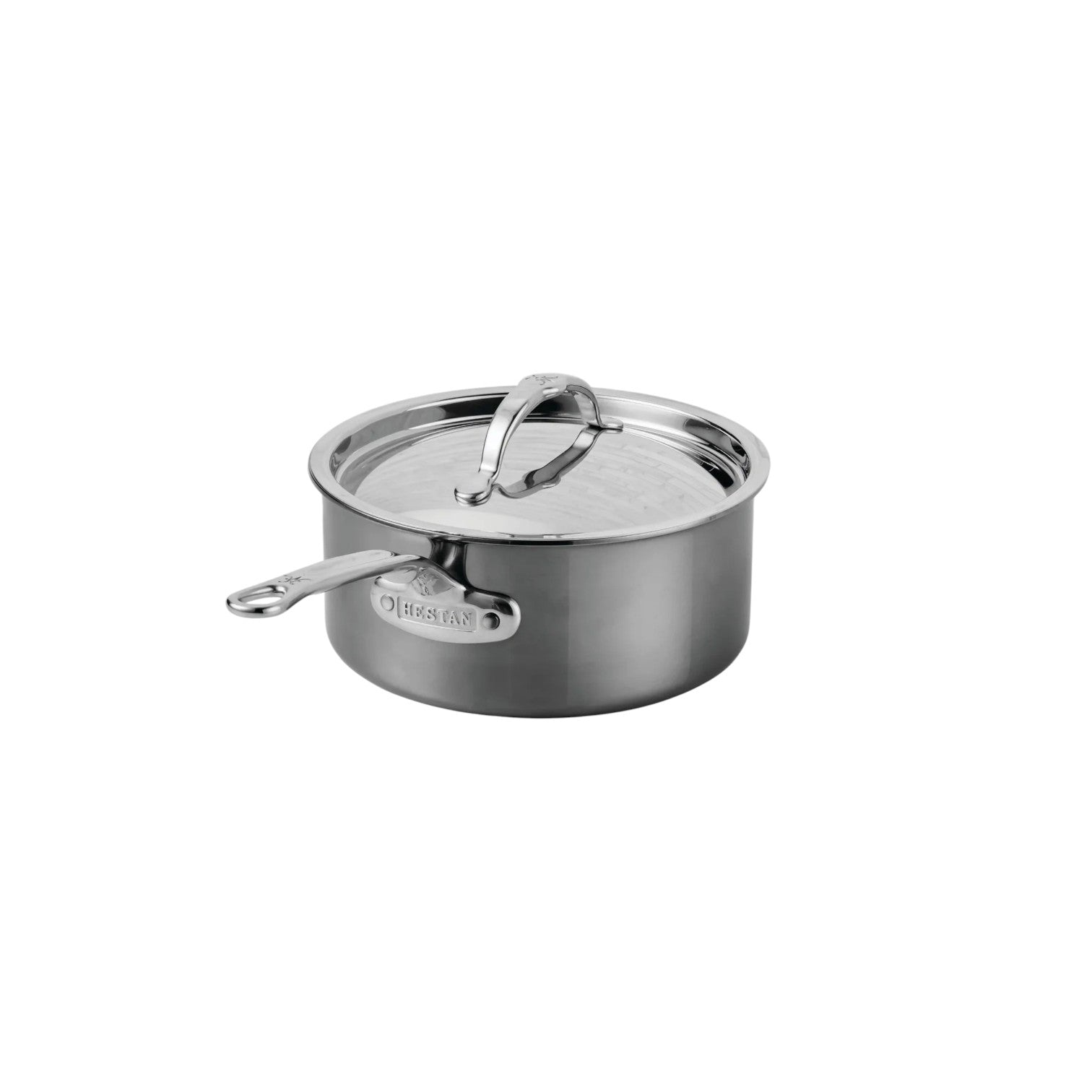 The Hestan NanoBond Covered Saucepan, made of stainless steel with a wide base, side handle, and matching lid, is shown against a plain white background.