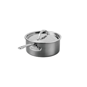 The Hestan NanoBond Covered Saucepan, made of stainless steel with a wide base, side handle, and matching lid, is shown against a plain white background.