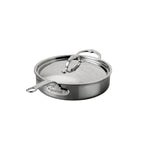 The Hestan NanoBond Covered Sauté, a stainless steel pan with lid and two handles, is ideal for searing meats or braising one-pot meals, shown against a white background.