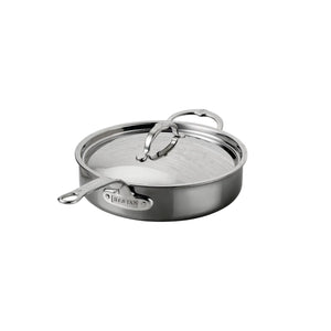The Hestan NanoBond Covered Sauté, a stainless steel pan with lid and two handles, is ideal for searing meats or braising one-pot meals, shown against a white background.