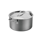 The Hestan NanoBond Covered Stockpot, featuring two side handles and a glass lid, ideal for cooking soups or pasta, is displayed on a white background.