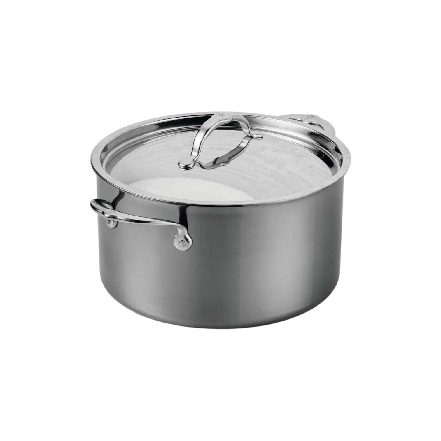 The Hestan NanoBond Covered Stockpot, featuring two side handles and a glass lid, ideal for cooking soups or pasta, is displayed on a white background.