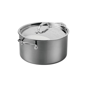 The Hestan NanoBond Covered Stockpot, featuring two side handles and a glass lid, ideal for cooking soups or pasta, is displayed on a white background.
