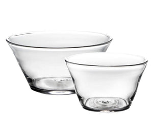 Two clear glass bowls from the Simon Pearce Nantucket Bowl Collection, shown together on a plain background, offer elegant serveware options or a simple yet stylish table centerpiece.