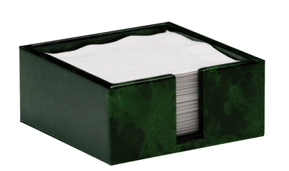 A green square napkin holder from the Blue Pheasant Nelson Emerald Barware Collection, filled with a stack of white napkins.
