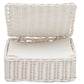 The Micaela White Rattan Serveware Collection by Blue Pheasant features a white rattan napkin holder with a hinged lid—combining classic charm and stylish practicality for your table.