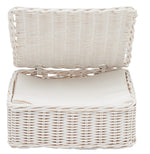The Micaela White Rattan Serveware Collection by Blue Pheasant features a white rattan napkin holder with a hinged lid—combining classic charm and stylish practicality for your table.