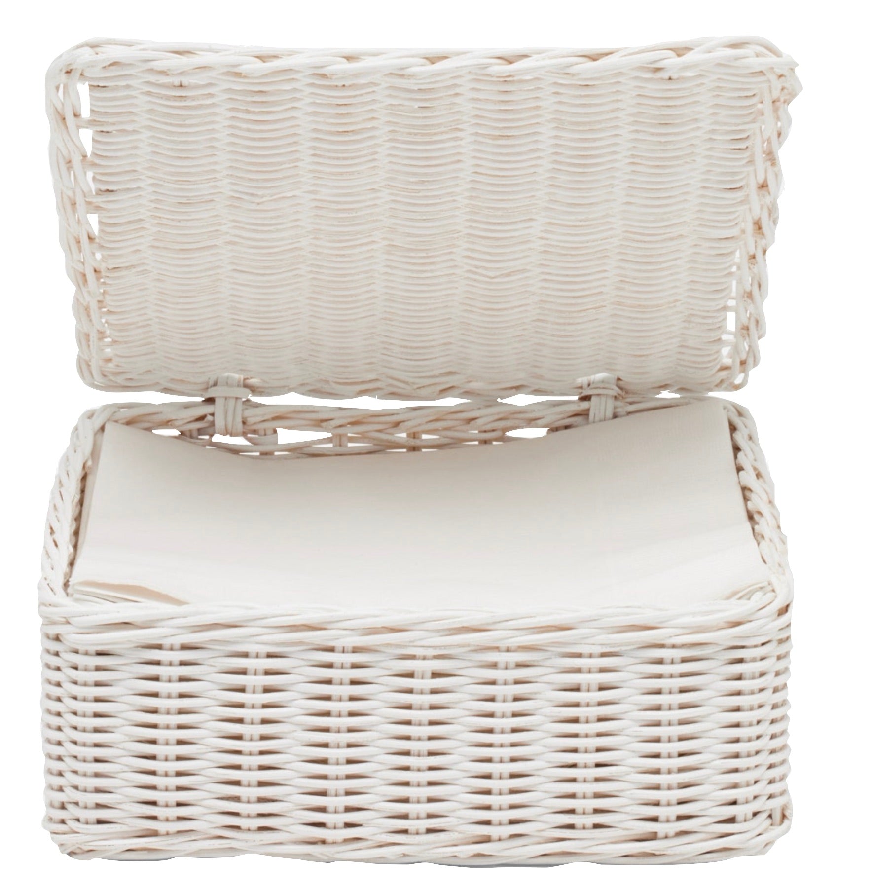 The Micaela White Rattan Serveware Collection by Blue Pheasant features a white rattan napkin holder with a hinged lid—combining classic charm and stylish practicality for your table.
