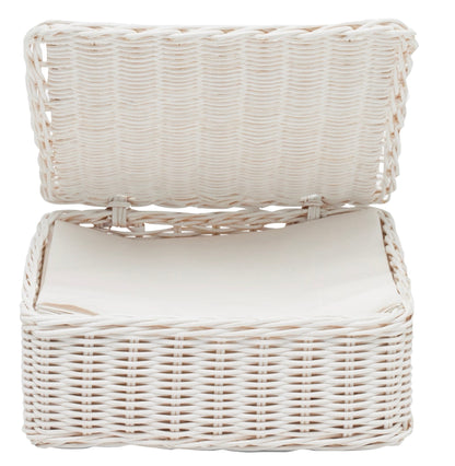 The Micaela White Rattan Serveware Collection by Blue Pheasant features a white rattan napkin holder with a hinged lid—combining classic charm and stylish practicality for your table.