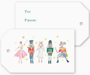 Four Nutcracker Dreams Gift Tags, including one labeled “To:” and “From:” and others featuring watercolor illustrations of a ballerina, nutcrackers, and a mouse king.