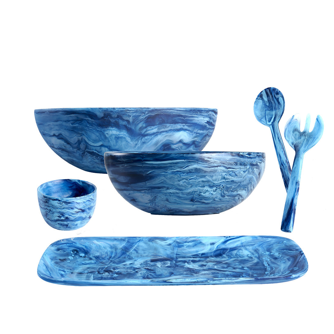 The Denim Resin Serveware Collection by Nashi Home features shatter-resistant, blue marbled serving dishes—including two bowls, a small cup, utensils, and a rectangular platter—perfect for stylishly elevating your home decor.