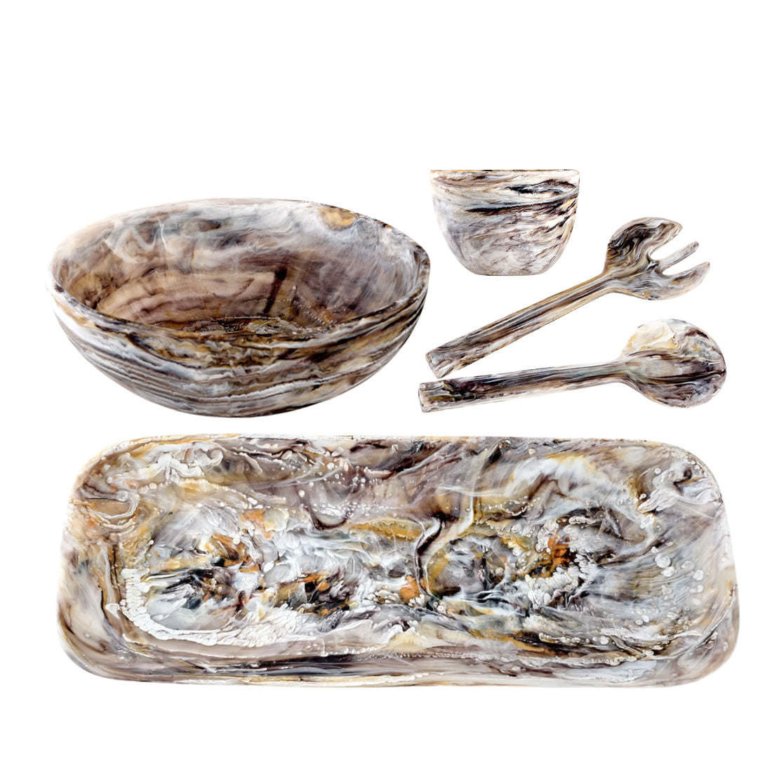The Mocha Resin Serveware Collection by Nashi Home features a bowl, cup, serving utensils, and a rectangular tray with swirling brown, white, and gray patterns—durable, food safe tableware that elevates home decor.