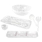 The Nashi Home White Resin Serveware Collection features a marble-effect bowl, cup, divided tray, oval platter, and two serving utensils—an elegant accent for your home decor displayed on a crisp white background.