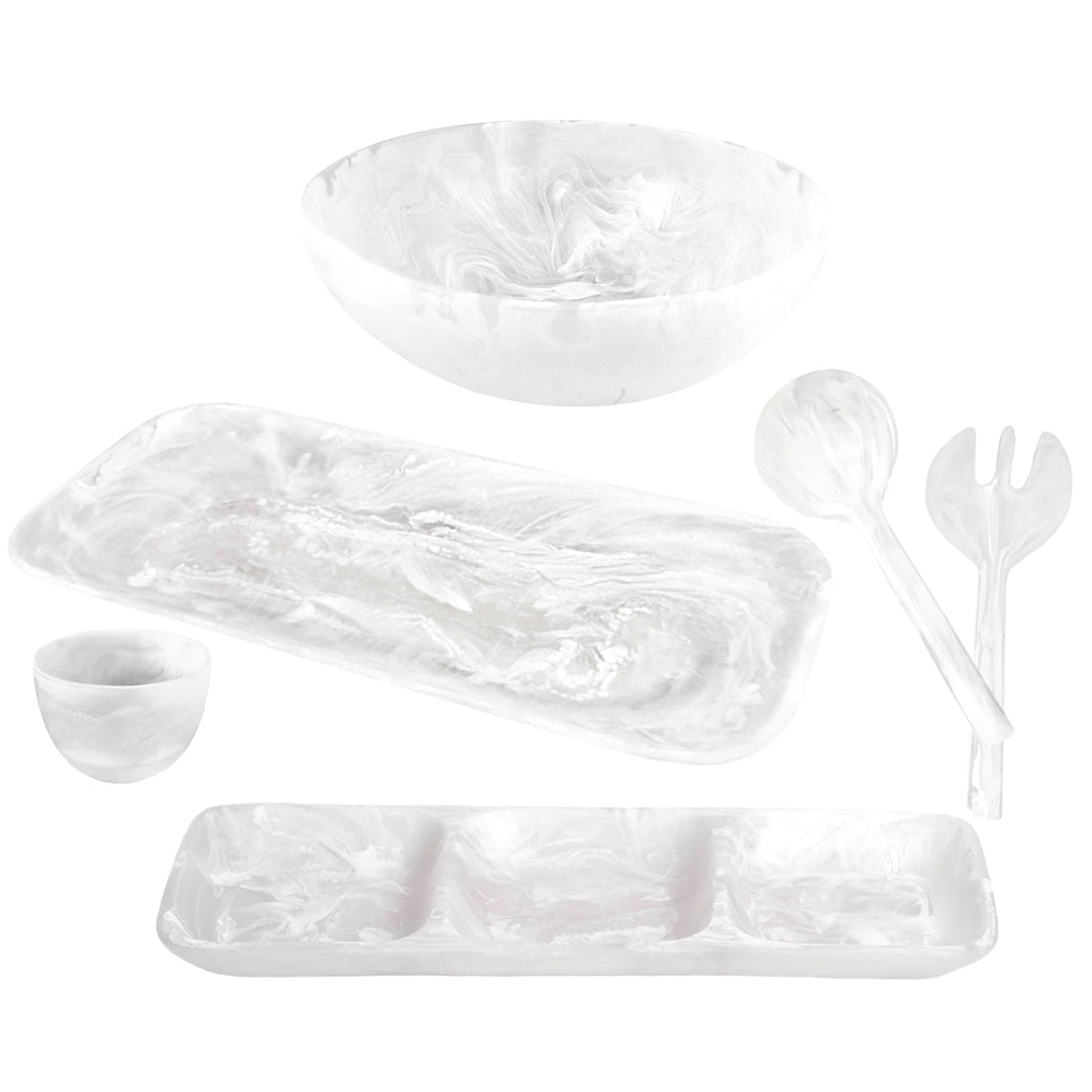 The Nashi Home White Resin Serveware Collection features a marble-effect bowl, cup, divided tray, oval platter, and two serving utensils—an elegant accent for your home decor displayed on a crisp white background.