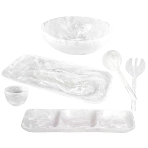 The Nashi Home White Resin Serveware Collection features a marble-effect bowl, cup, divided tray, oval platter, and two serving utensils—an elegant accent for your home decor displayed on a crisp white background.