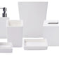The Nashi Home Solid White Resin Bath Collection includes six minimalist accessories: soap dispenser, toothbrush holder, waste bin, tissue box cover, soap dish, and tray.