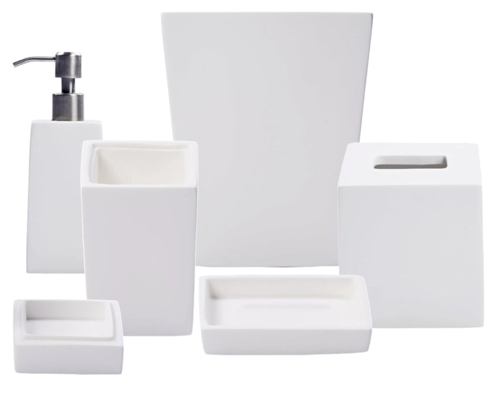 The Nashi Home Solid White Resin Bath Collection includes six minimalist accessories: soap dispenser, toothbrush holder, waste bin, tissue box cover, soap dish, and tray.