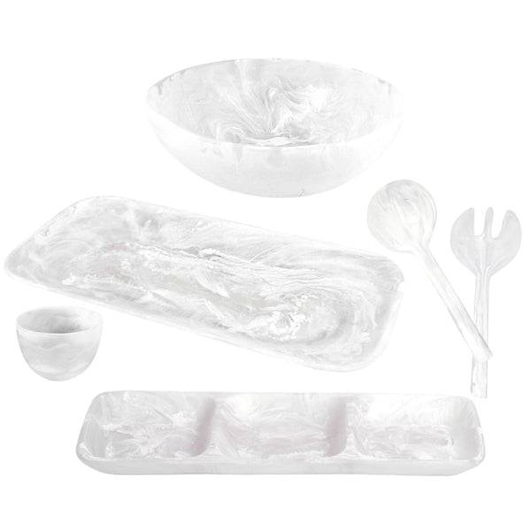 Discover the elegance of Nashi Home Serveware Collection: a set of translucent, marble-patterned kitchenware including a bowl, platter, cup, large spoon, fork, and divided tray. Perfect for home decor or serving pieces against a white background by Nashi Home.