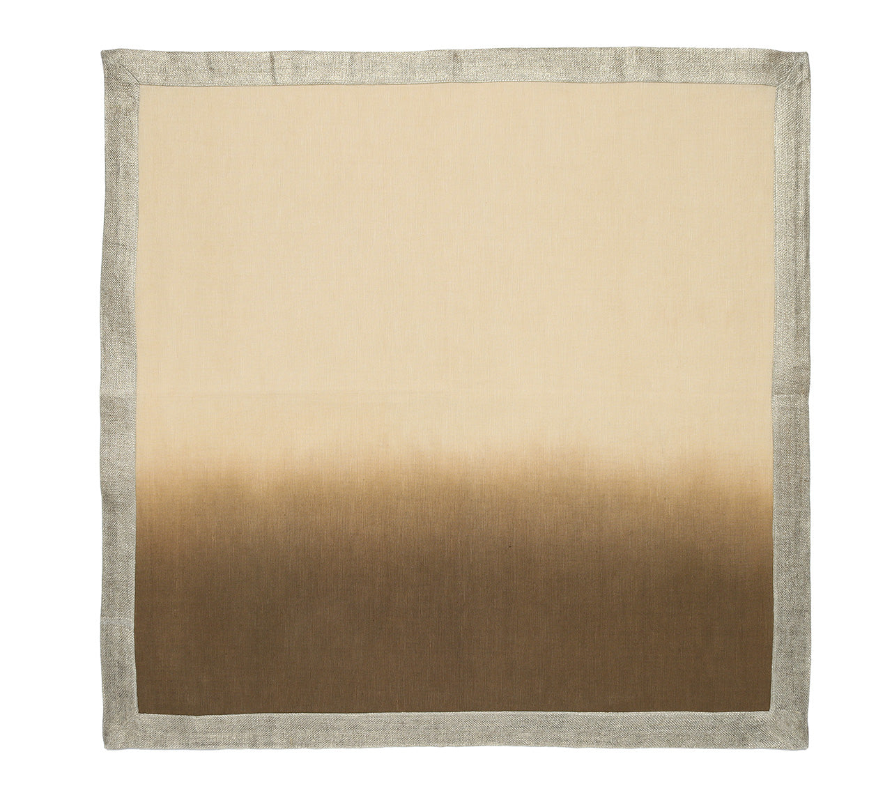 A beige square cloth with an autumn-inspired dark brown ombre fade and elegantly bordered metallic silver edges mimics the charm of Kim Seybert's Dip Dye Napkin Set.