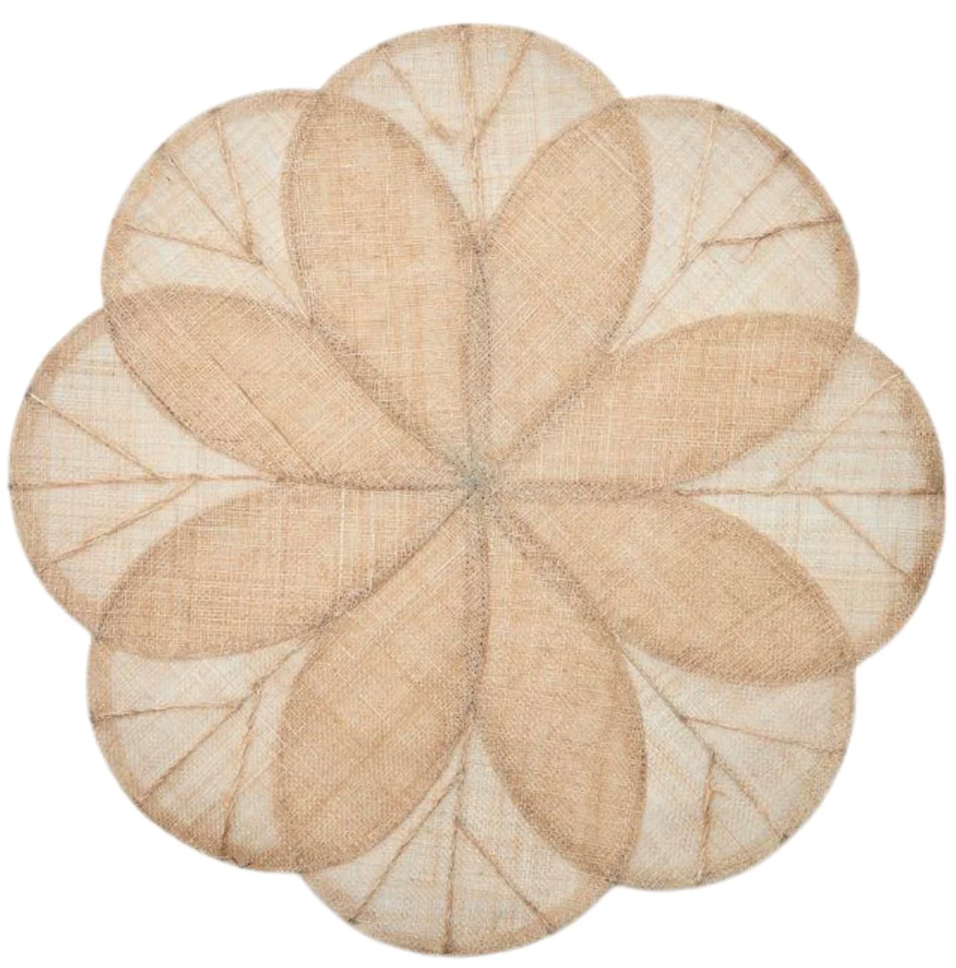 The Deborah Rhodes Sinamay Flower Placemat Collection Set features beige placemats crafted from woven abaca fibers, showcasing a petal-inspired pattern with overlapping leaf shapes accentuated by darker outlines.
