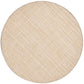 The Kim Seybert Portofino Placemat is a round, beige woven vinyl placemat with a subtle diagonal pattern, shown on a white background for an easy-to-clean surface.
