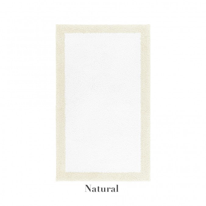 The Graccioza Egoist Border Bath Rug is rectangular, crafted from luxurious Egyptian cotton in white with a light beige customizable border. Shown on a white background, it is labeled "Natural.