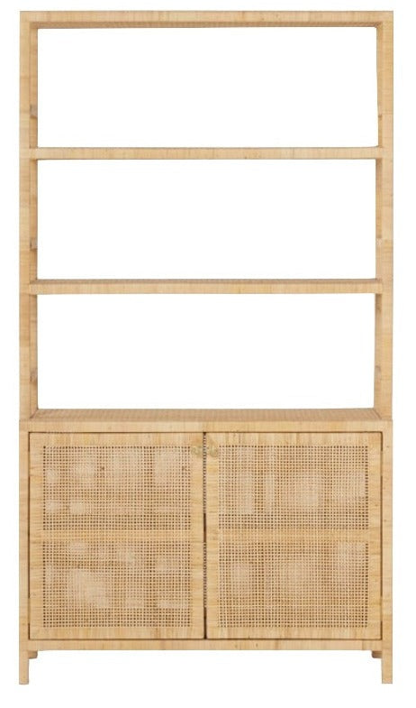 The Isla Bookcase with Hutch by Made Goods features a tall design in light wood with three open shelves above and a two-door cabinet below, showcasing a refined natural rattan weave.