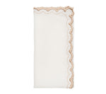 The Arches Napkin Set by Kim Seybert features folded white linen napkins with scalloped beige embroidered edges, perfect for formal dining and shown on a plain white background.