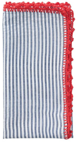The Kim Seybert Seersucker Napkin Set features folded blue and white vertically striped napkins, each accented with a decorative red hand-crocheted border along one edge.